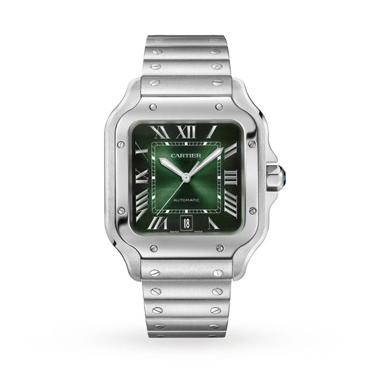 Cartier watch with green face and silver metal band on white background