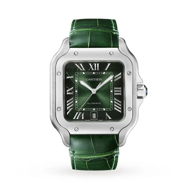 Cartier Santos De Cartier WSSA0062 Large Green Sunburst Dial 2025 Cartier watch with green strap on a white background