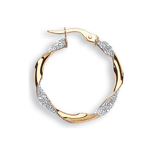 Yellow & White Gold Glitter Finish Twisted 25mm Hoop Earrings