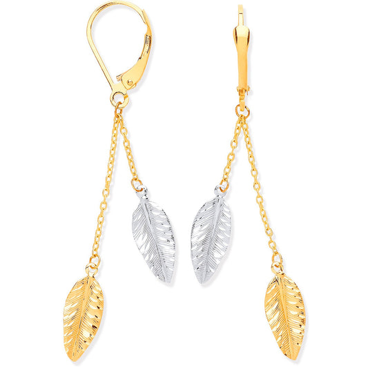 Yellow & White Gold Leaf Drop Earrings