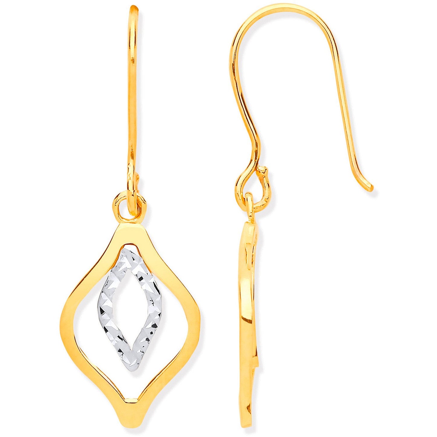Yellow & White Gold Rhombus Shaped Hook Earrings