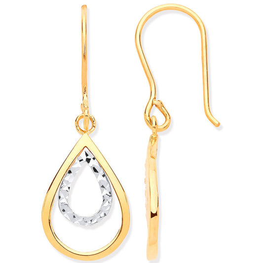 Yellow & White Gold Teardrop Shaped Hook Earrings