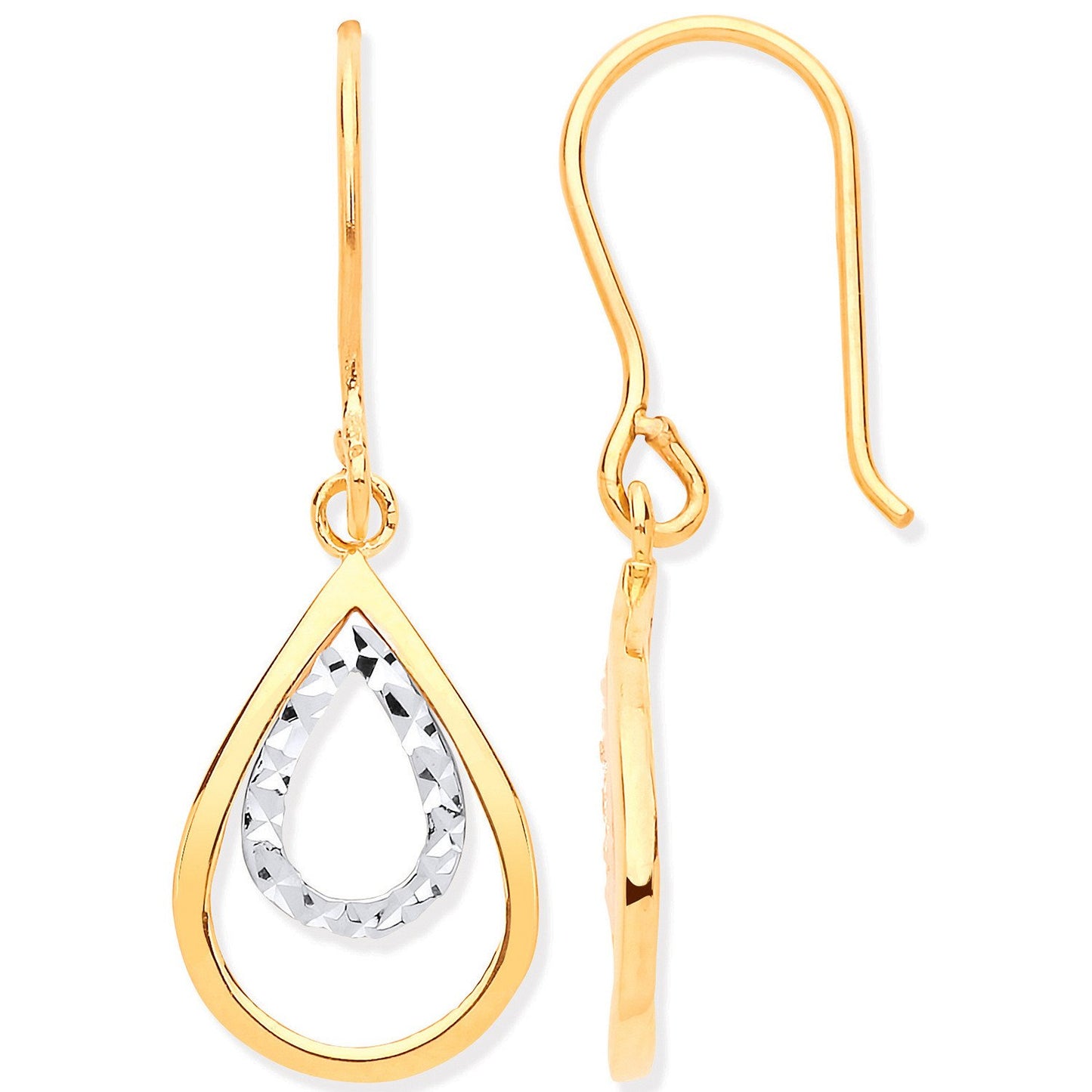 Yellow & White Gold Teardrop Shaped Hook Earrings