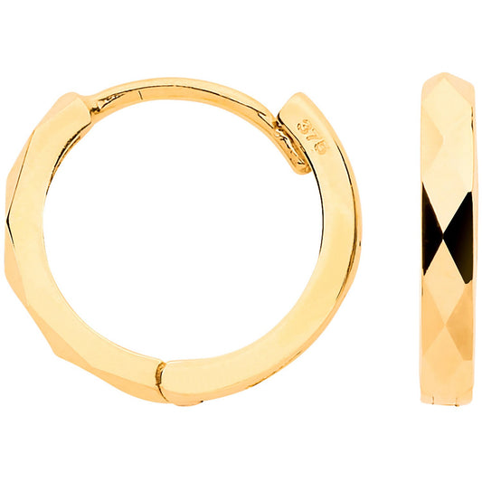 Yellow Gold 12mm Diamond Cut Hinged Huggies Earrings
