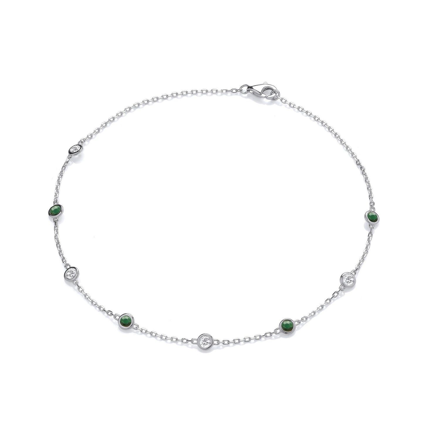 Silver Rubover Green & Clear Cubic Zirconia's Ladies Anklet