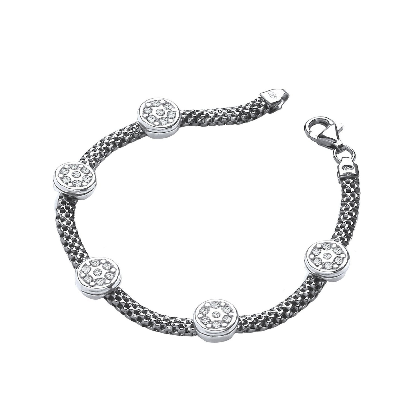 Ruthenium Mesh With Five Circles Cubic Zirconia's 7"/19cm Bracelet