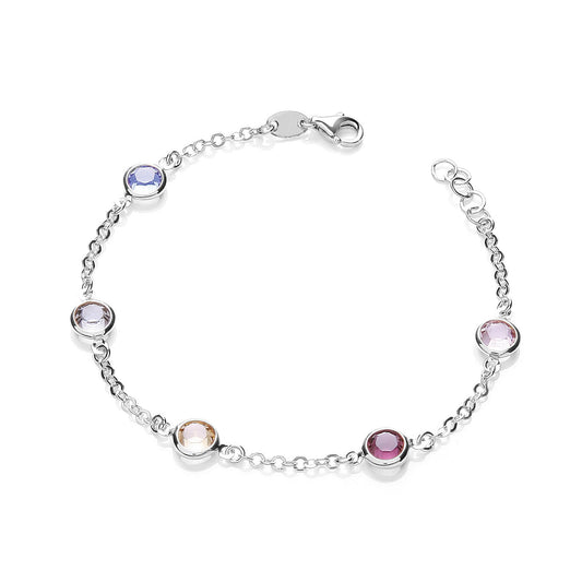 Silver 5 Multi Coloured Rubover Cubic Zirconia's 7"/19cm Bracelet