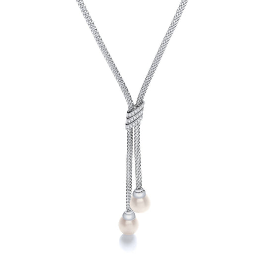 Necklace With 3 Stripes Cubic Zirconia's And 2 Fresh Water Pearls