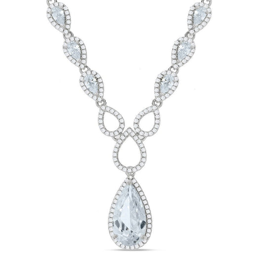 Silver Pear Shaped Drop Set Clear Cubic Zirconia's Necklace 18"