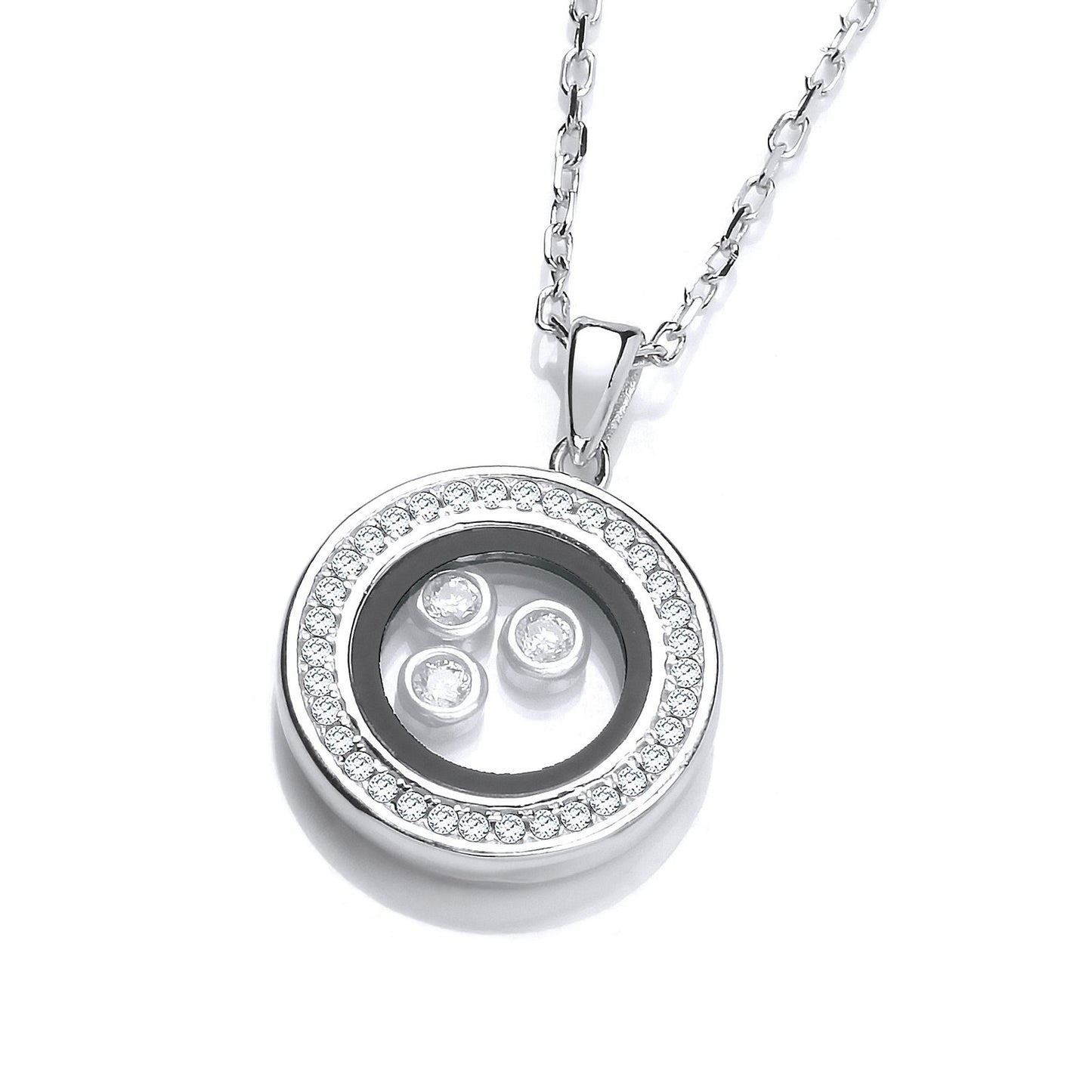 Circle Of Life With Floating Cubic Zirconias Silver Pendant 18" Necklace