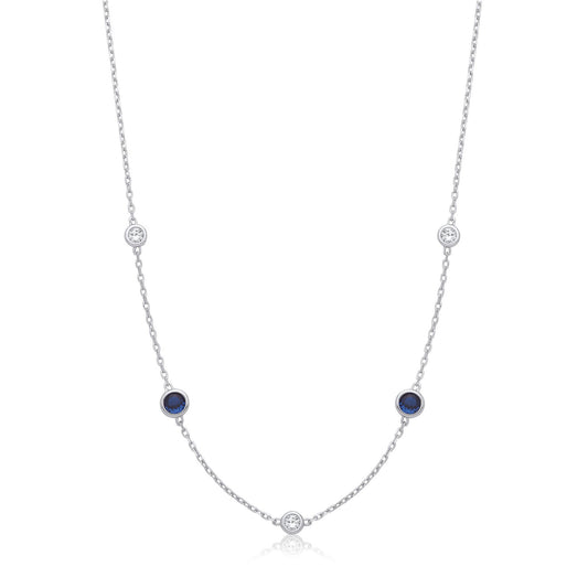 Silver Rh.plated Rubover 5 Blue & Clear Cubic Zirconia's Necklace