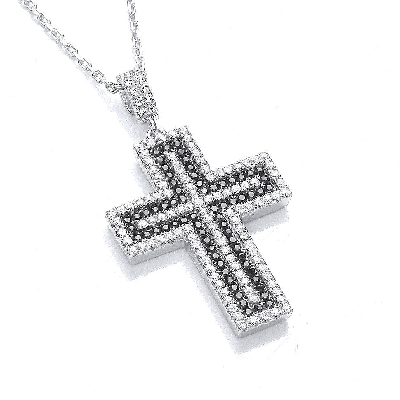 Micro Pave' Black & Clear Cubic Zirconia Cross With Chain