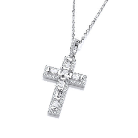 Micro Pave Round & Baguette Cubic Zirconias Cross With Chain