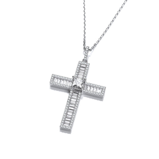 Micro Pave Baguette Cubic Zirconias Cross With Chain