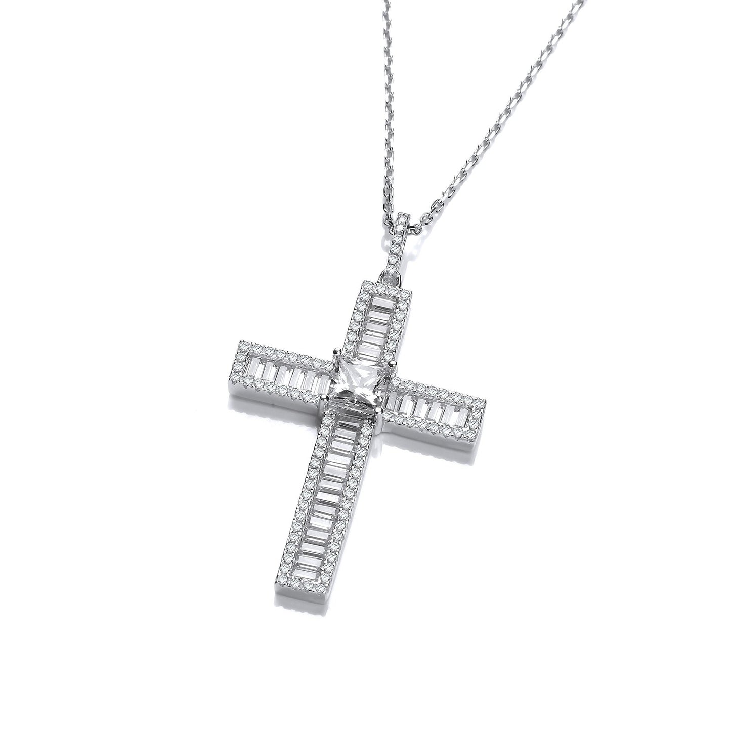 Micro Pave Baguette Cubic Zirconias Cross With Chain