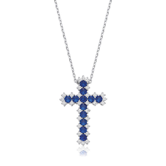 Blue & Clear Cubic Zirconia Cross With Chain