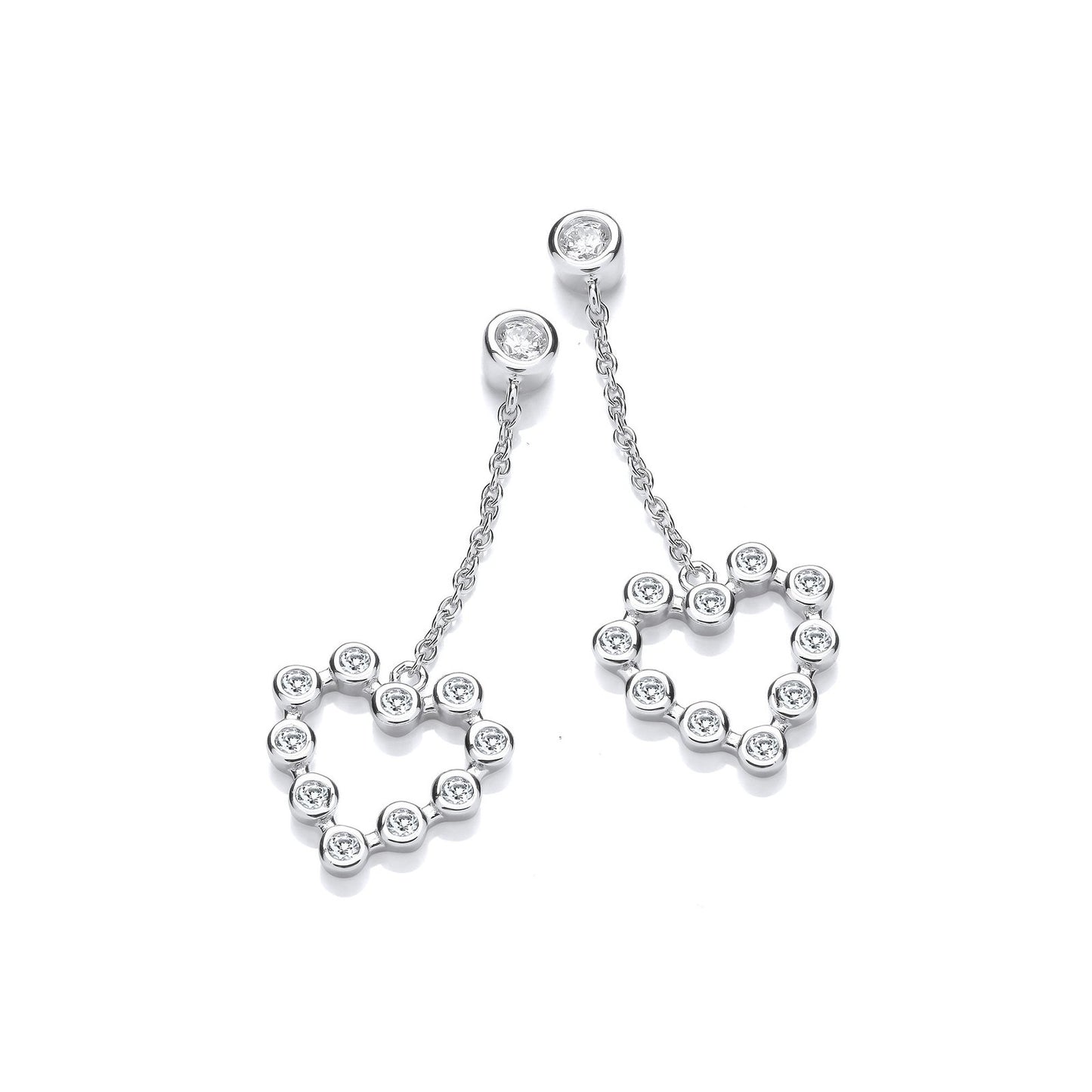 Silver Heart Rubover Cubic Zirconias Chain Drop Earrings