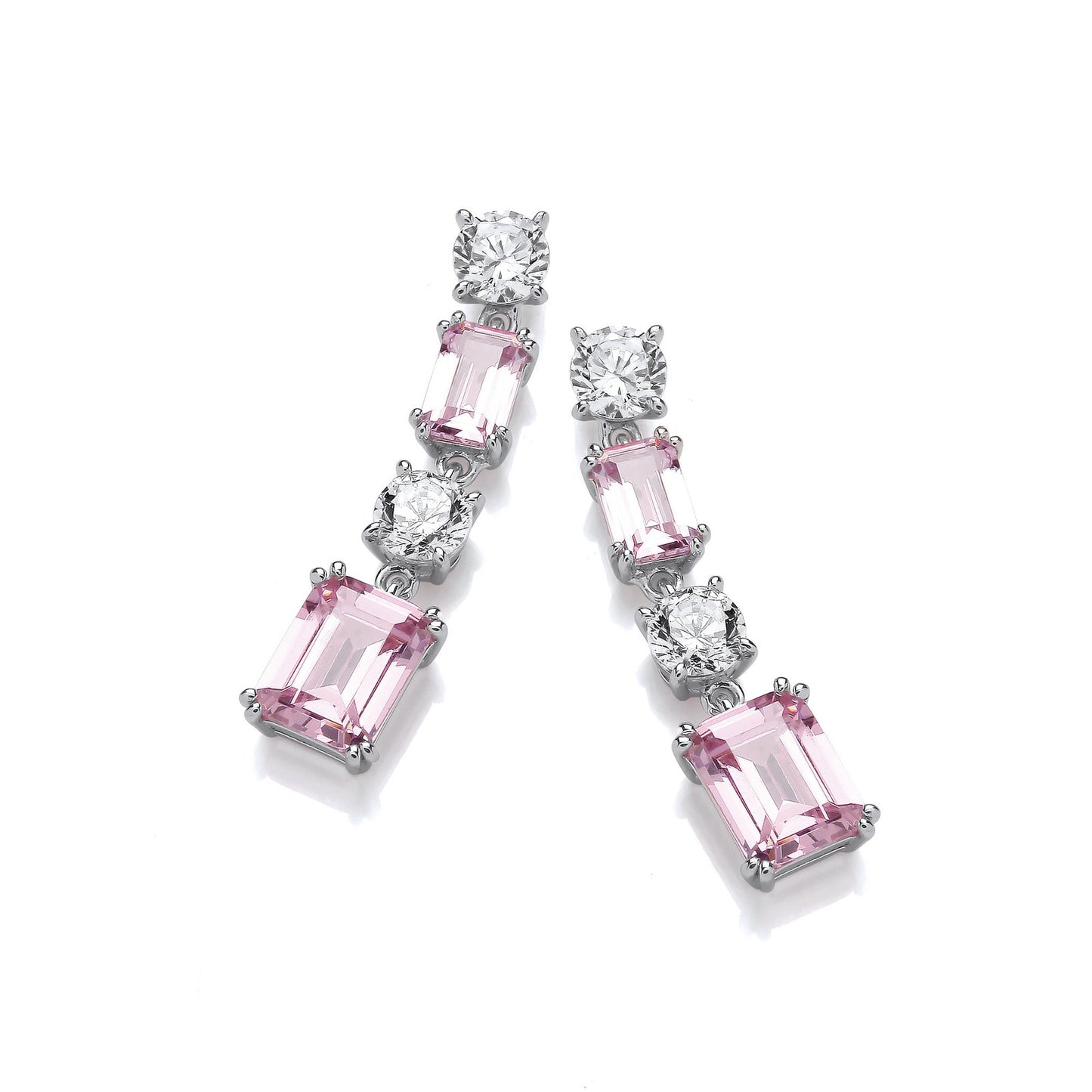 Pink & Clear Cubic Zirconias Silver Drop Earrings