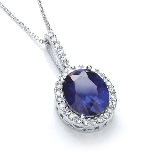 Oval Cluster Deep Blue Cubic Zirconia Pendant With 18" Chain