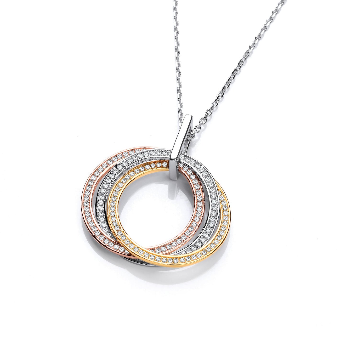 Silver, Yellow & Rose Gold Plated Cubic Zirconia Pendant With 18" Chain