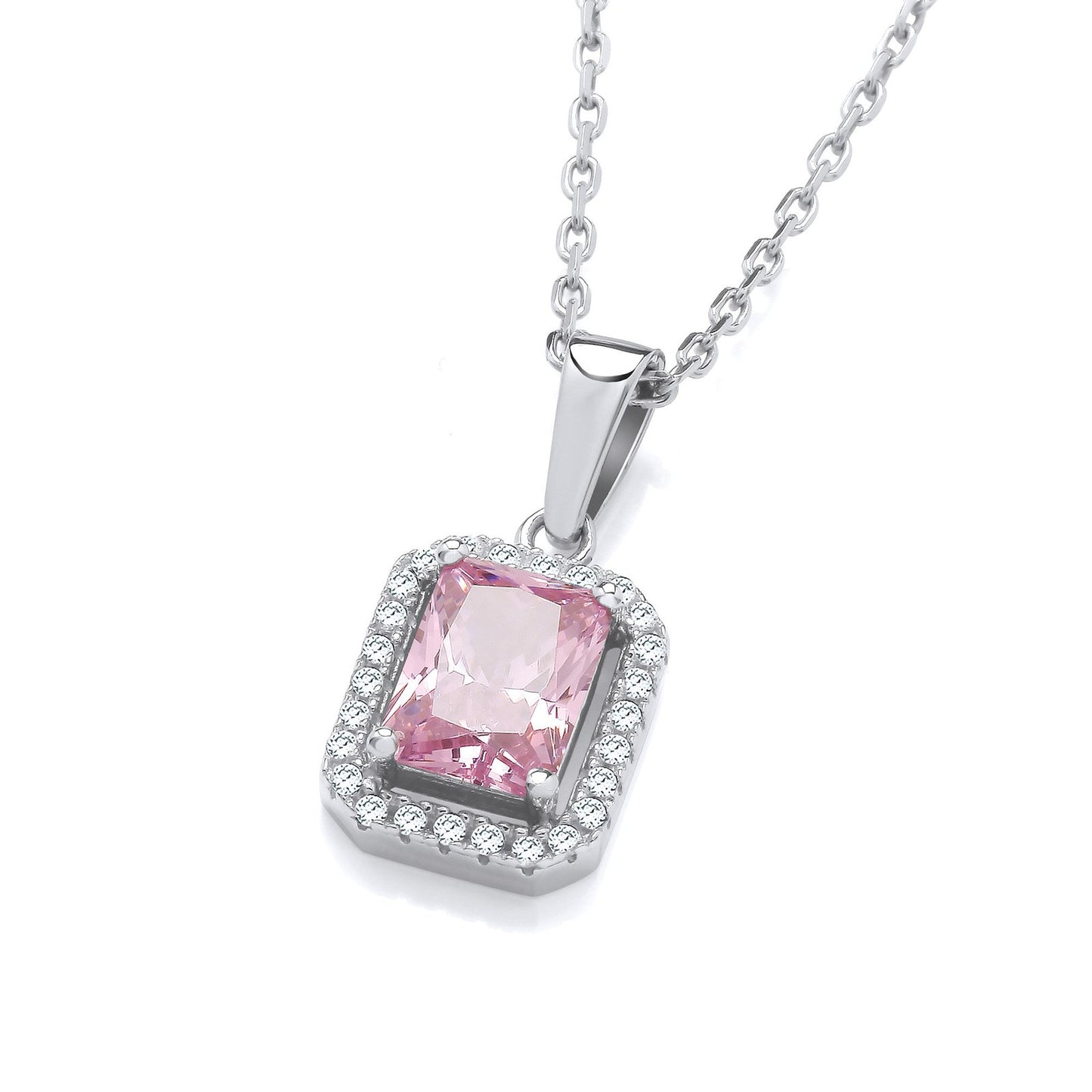 Silver Pink Cubic Zirconias Halo Stud Pendant With Chain