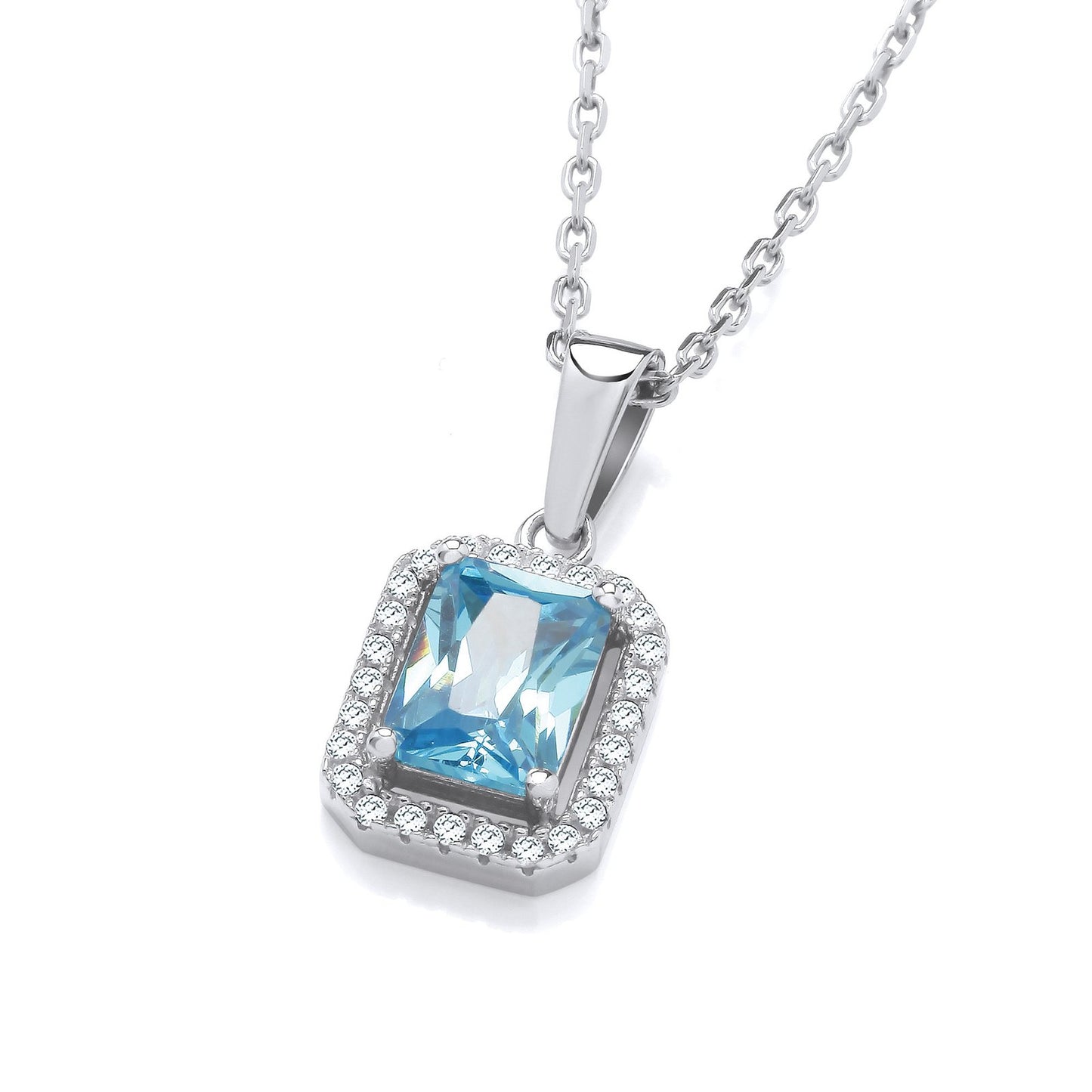 Silver Blue Cubic Zirconias Halo Stud Pendant With Chain