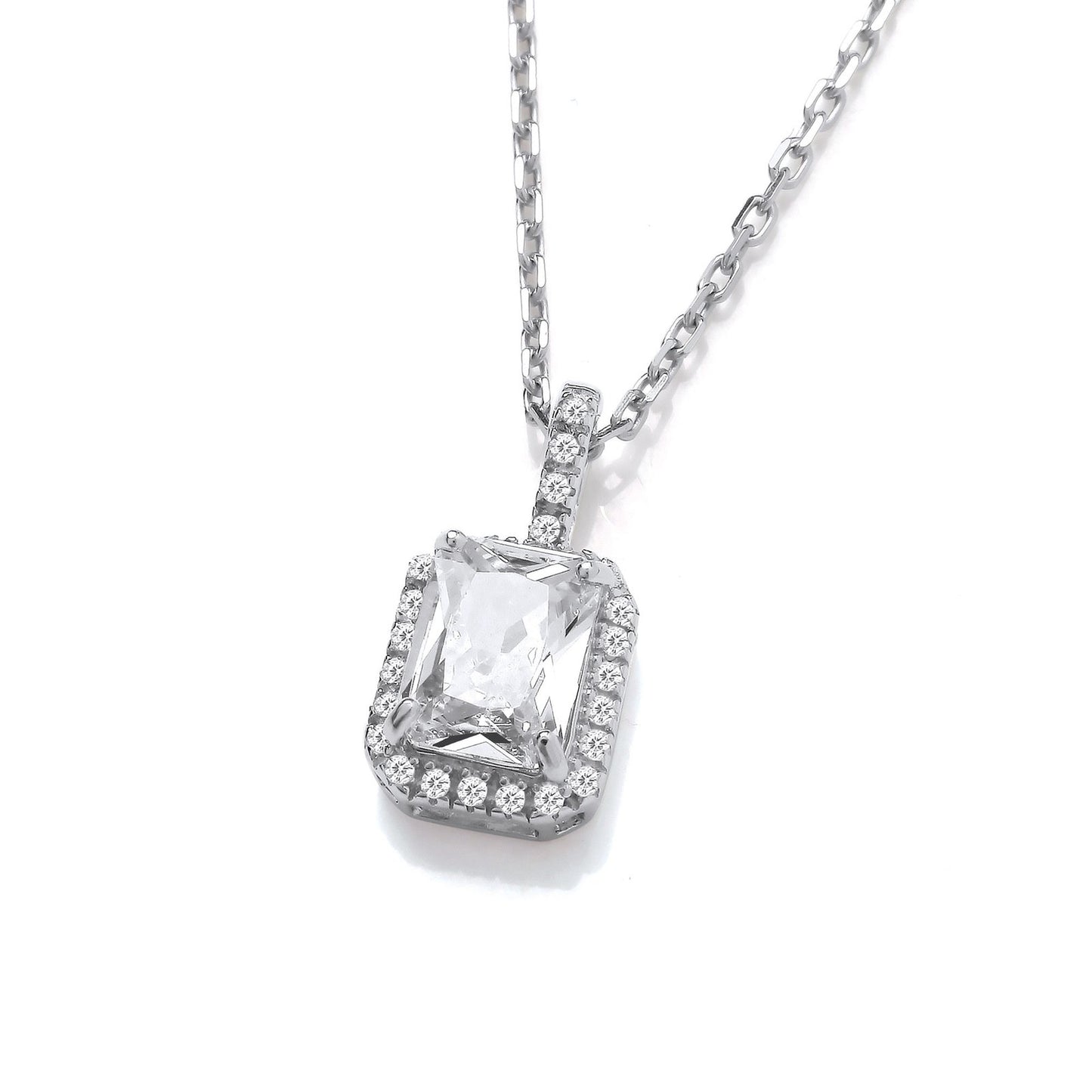 Emerald Cut Cubic Zirconia Halo Silver Pendant With Chain