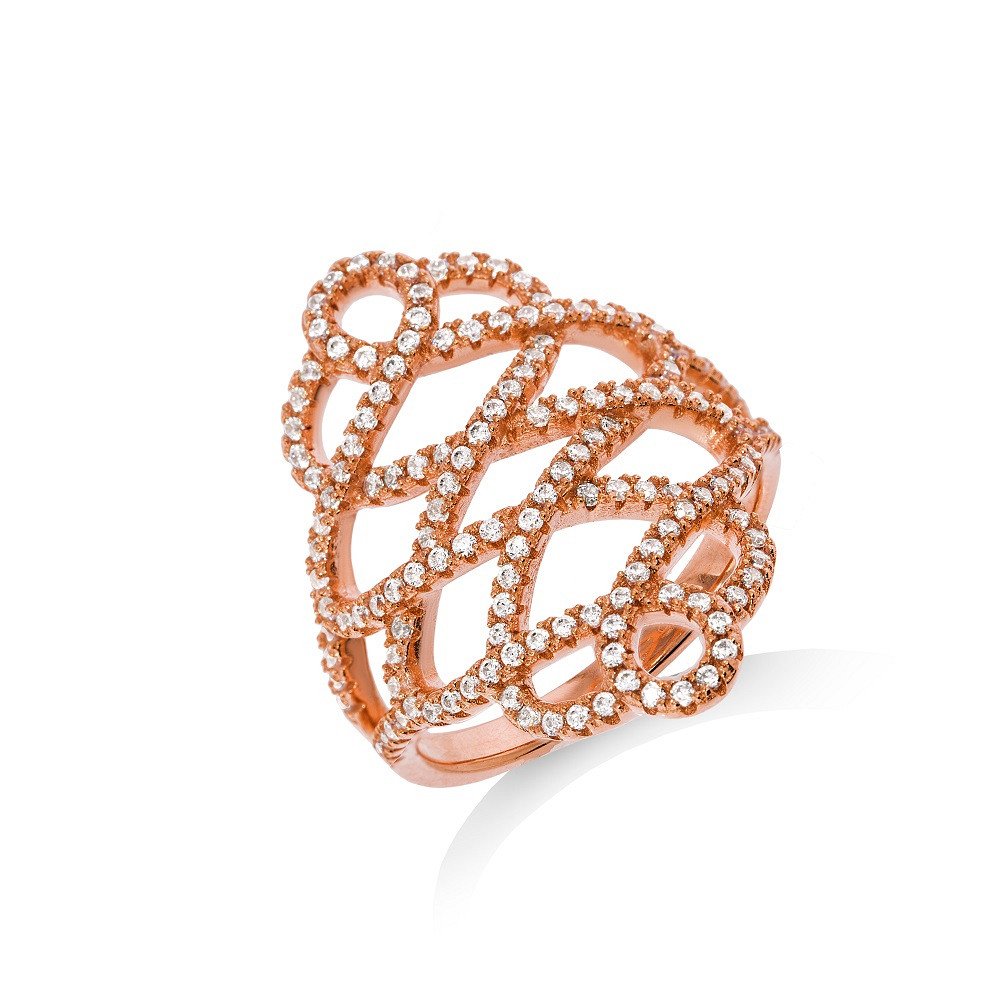 Micro Pave Rose Coated Fancy Silver Cubic Zirconia Ring