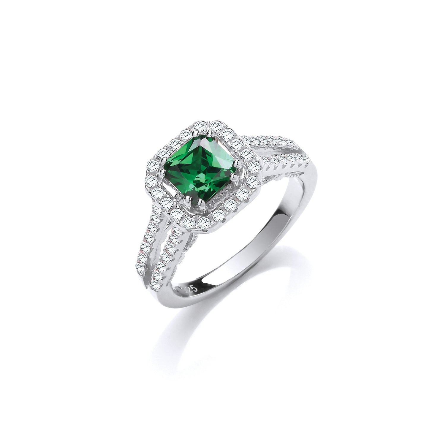Green P/c Cubic Zirconia High Setting Split Shank Fancy Silver Ring