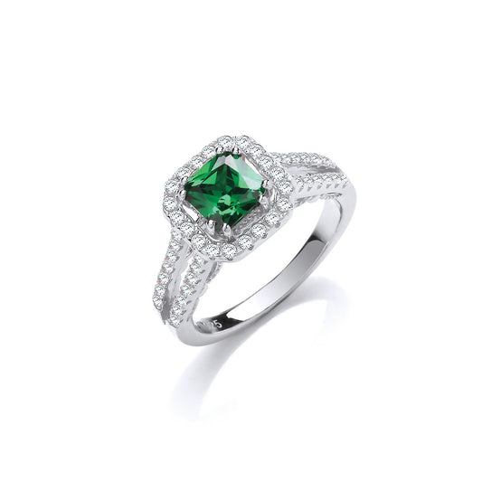 Green P/c Cubic Zirconia High Setting Split Shank Fancy Silver Ring