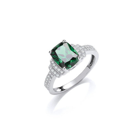 Emerald Cut Green Cubic Zirconia Centre With Clear Cubic Zirconia On Shoulder Silver Ring