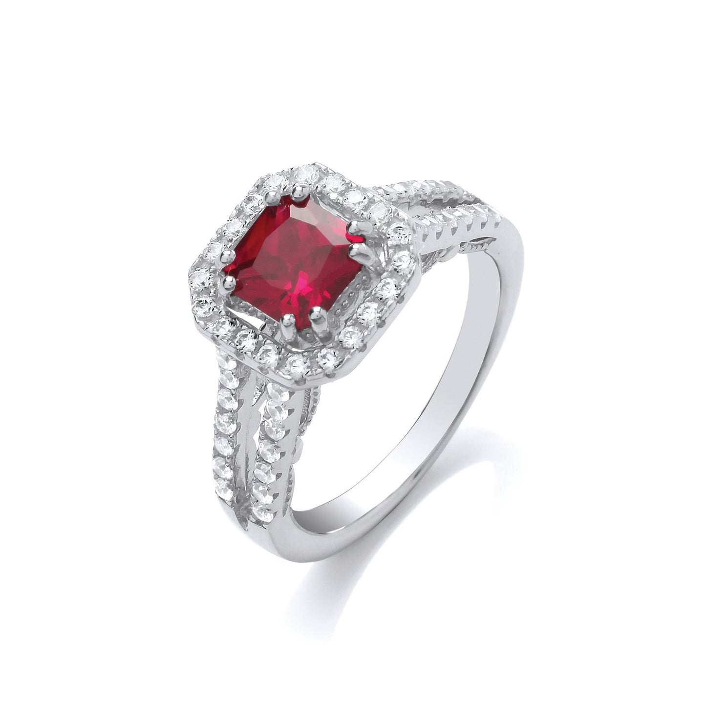 Red P/c Cubic Zirconia High Setting Split Shank Fancy Silver Ring