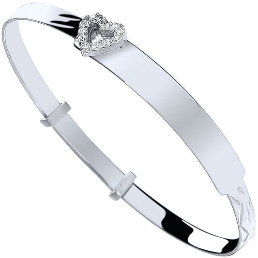 Silver Baby Id With Cubic Zirconia Heart Expandable Bangle