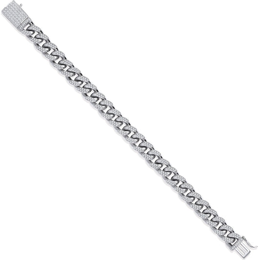 Silver 10mm Cuban Curb Link With Cubic Zirconias Gents Bracelet