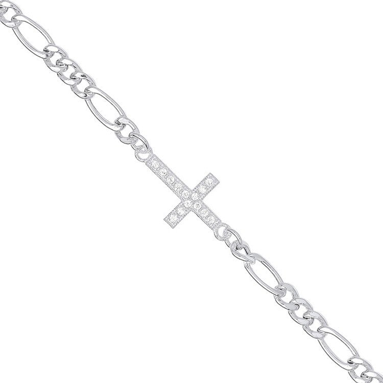 Silver Figaro Chain With Cubic Zirconia Cross Bracelet