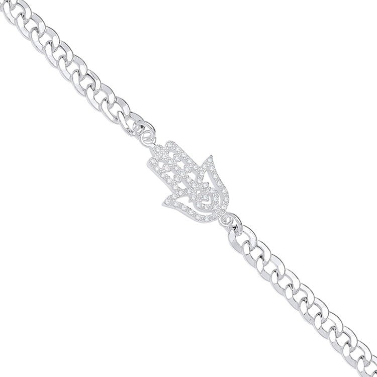 Silver Flat Curb Chain With Cubic Zirconia Hamsa Bracelet