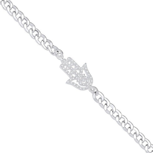 Silver Flat Curb Chain With Cubic Zirconia Hamsa Bracelet