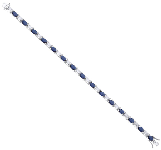 Silver Blue Oval & Clear Emerald Cubic Zirconias Tennis Bracelet