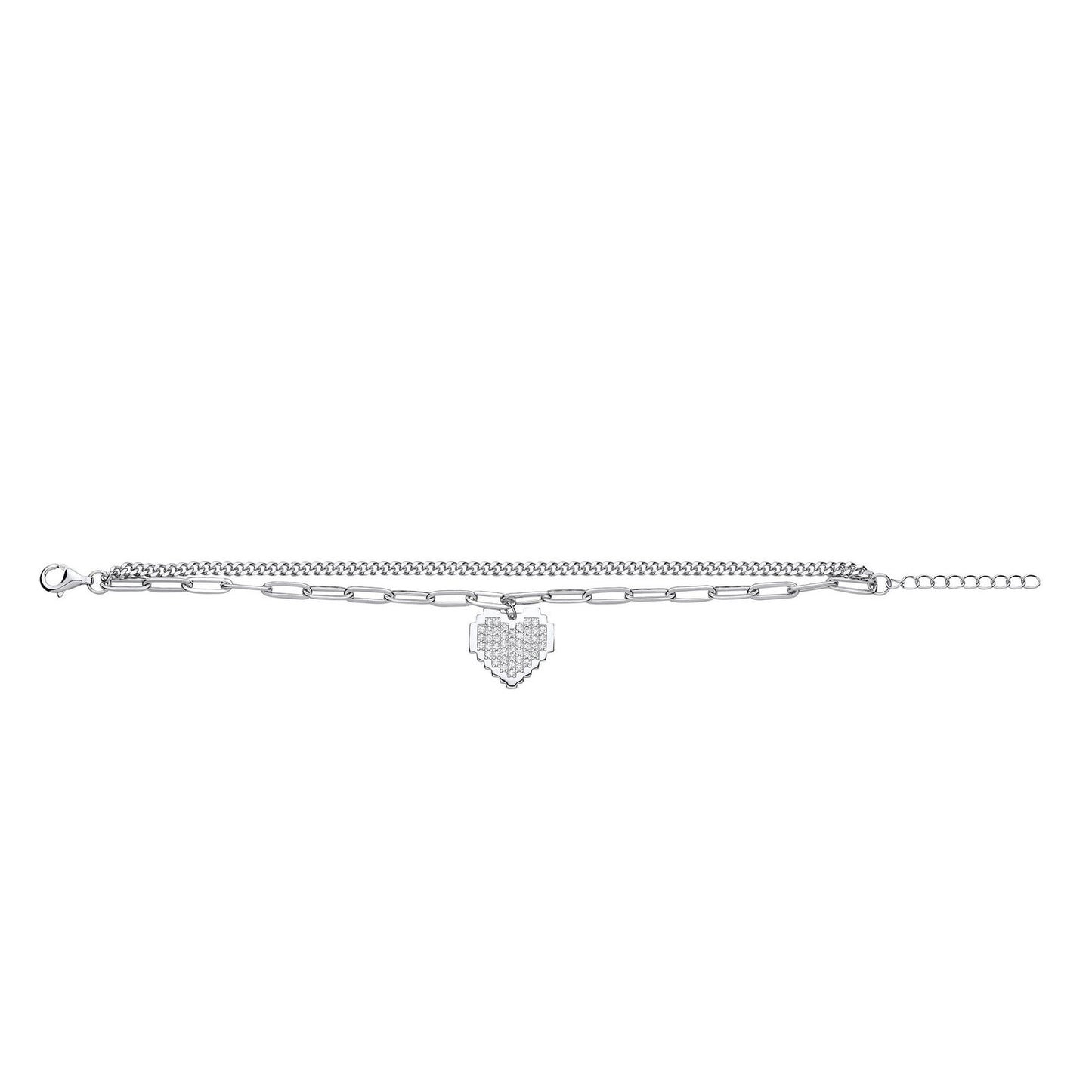 Silver Curb & Paper Clip Chain With Cubic Zirconia Heart Bracelet