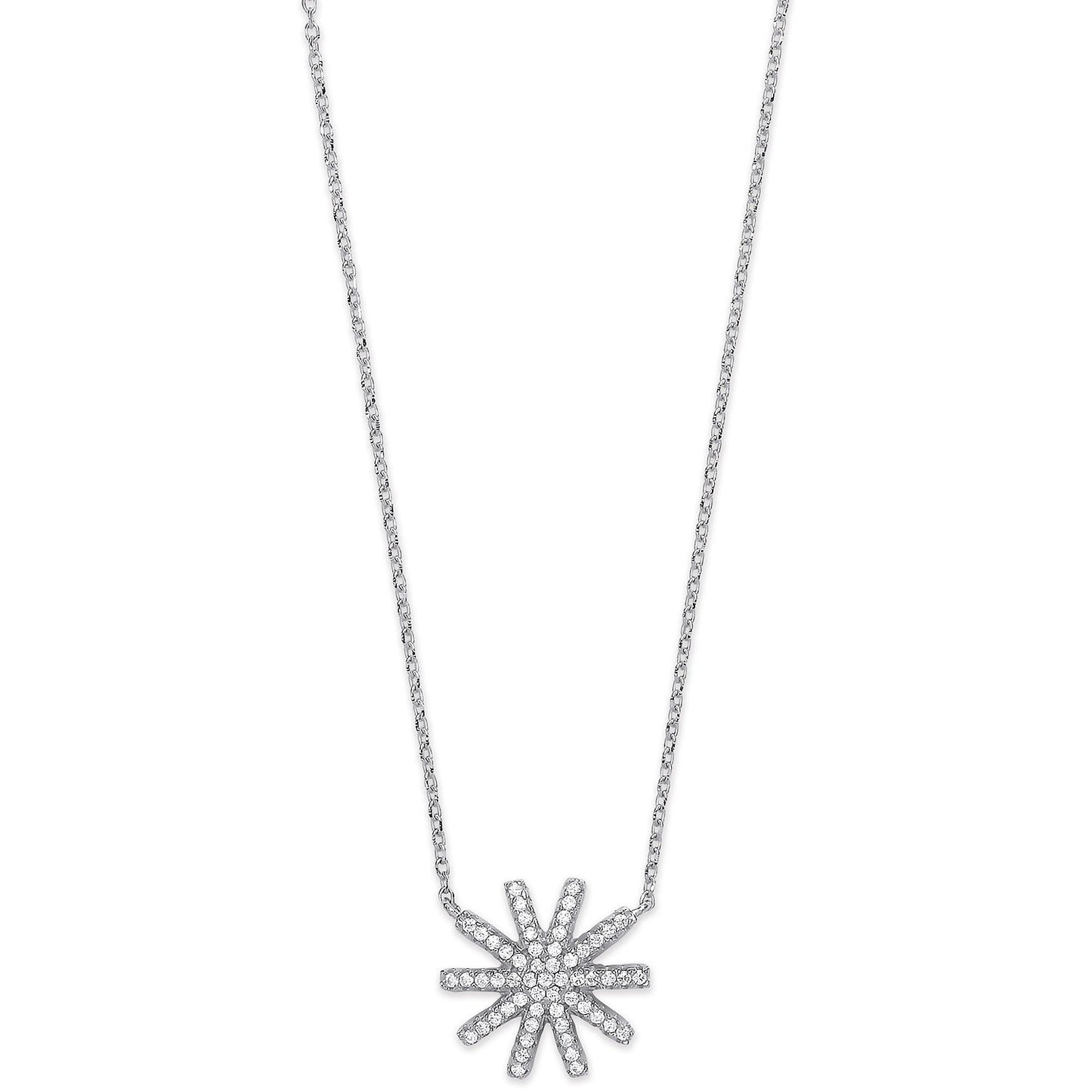 Silver Cubic Zirconia Starburst Pendant 16" Necklace