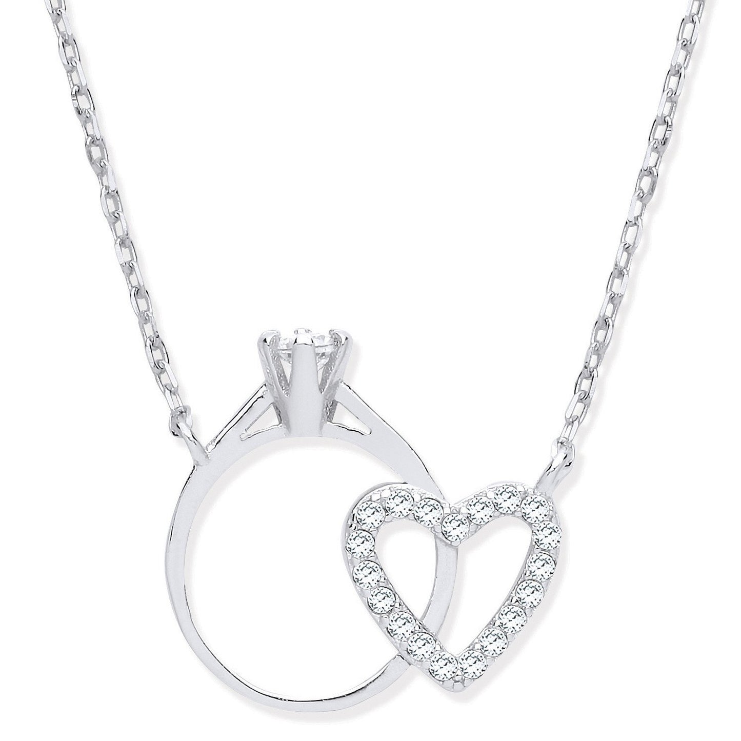 Silver Chain With Little Cubic Zirconia Engagement Ring & Heart