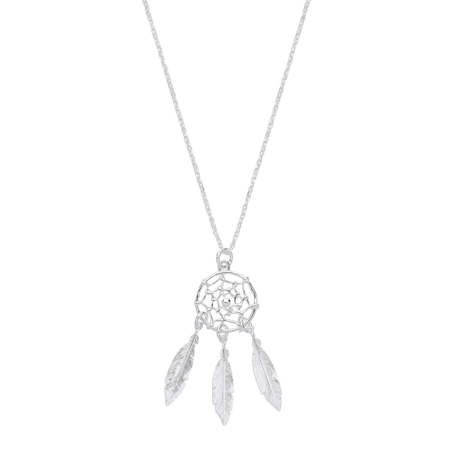 Silver Dream Catcher, Feather Spider Web 16" Chain