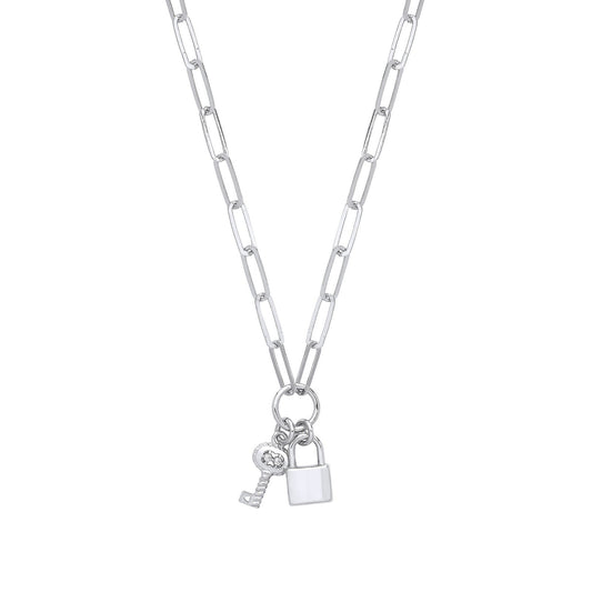 Silver Paper Clip Chain , Padlock & Cubic Zirconia Key Necklace