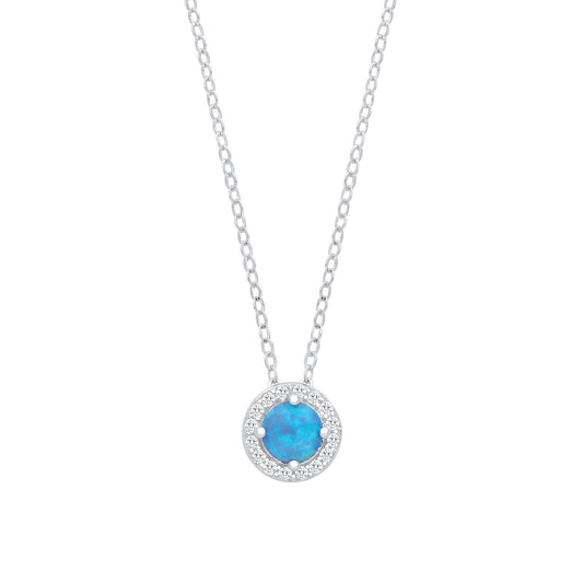 Silver Blue Opal Round Pendant With Chain