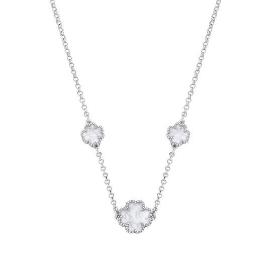 Silver WHITE Enamel Four Leaf Clover Necklace