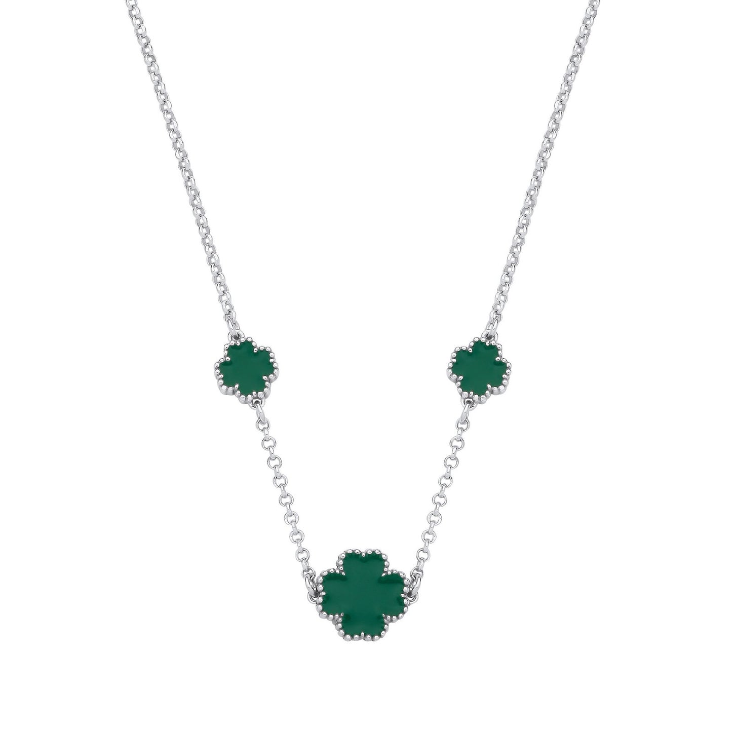 Silver Green Enamel Four Leaf Clover Necklace