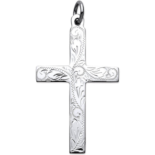 Silver Solid Large Cross With Design And Plain Back