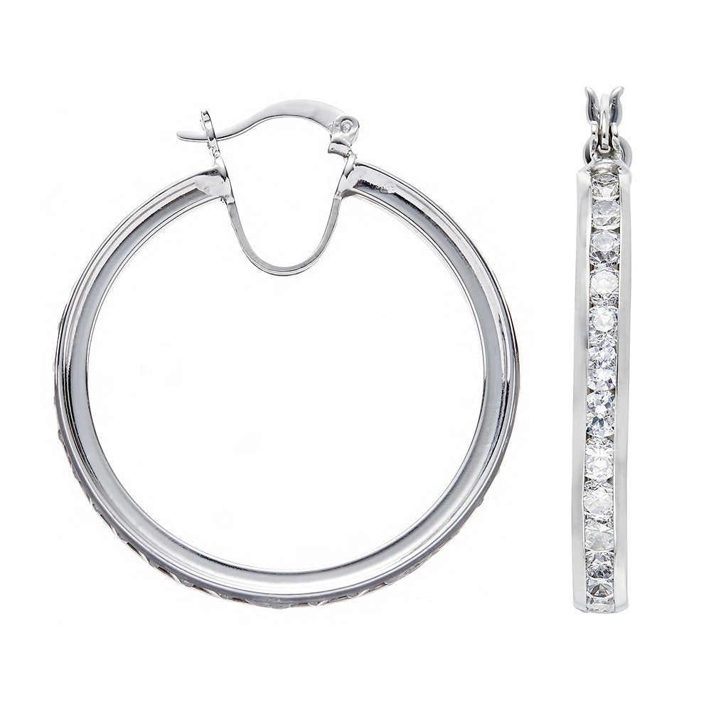 Silver Channel Set Cubic Zirconia Hoop Earrings