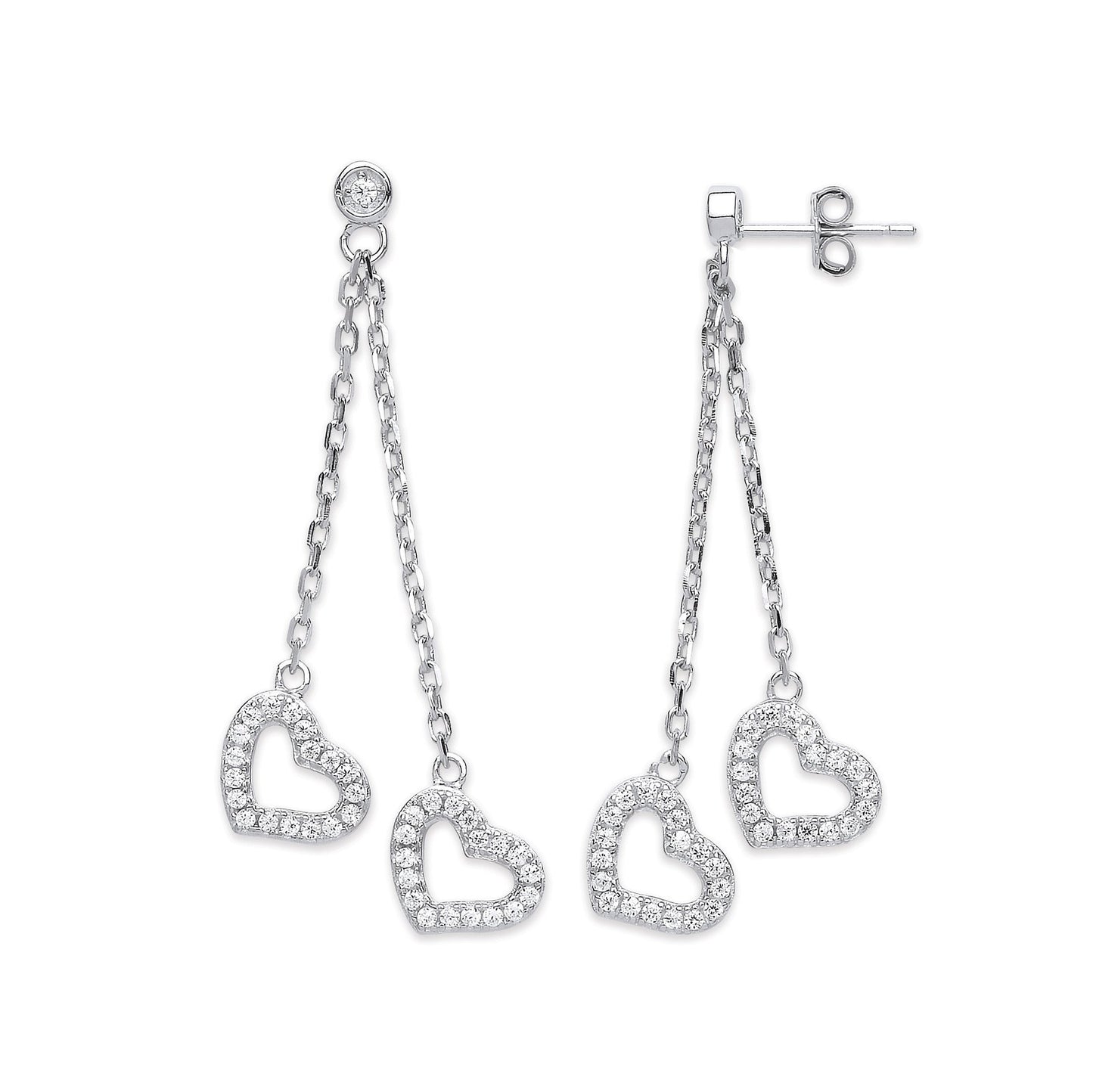 Silver 2-strand Cubic Zirconia Hearts Drop Earrings