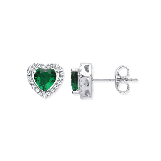 Silver Green Cubic Zirconia Halo Heart Stud Earrings